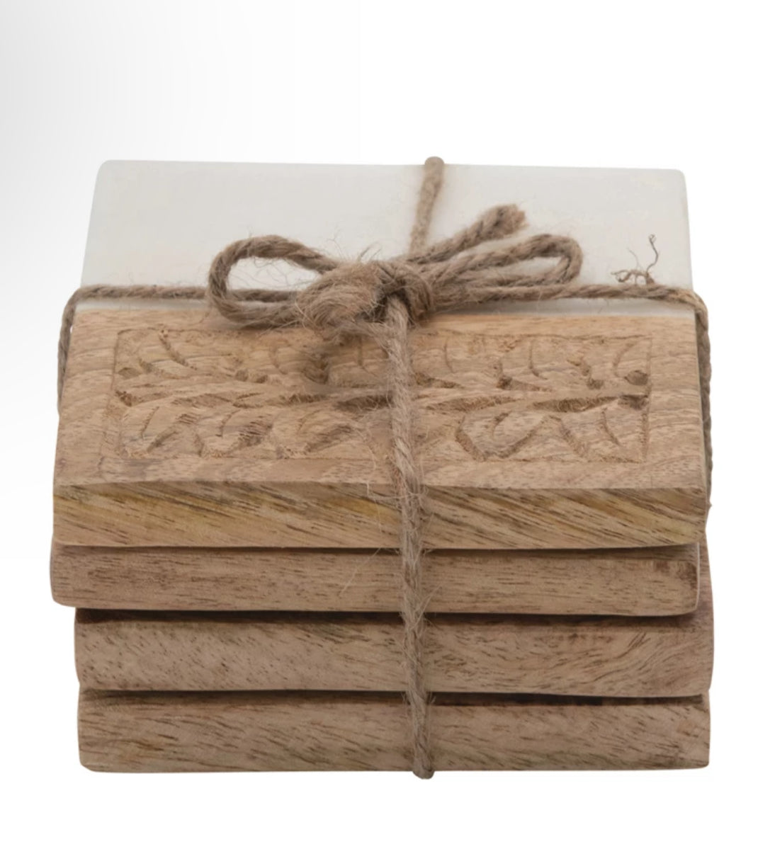 White Marble & Carved Wood Coasters