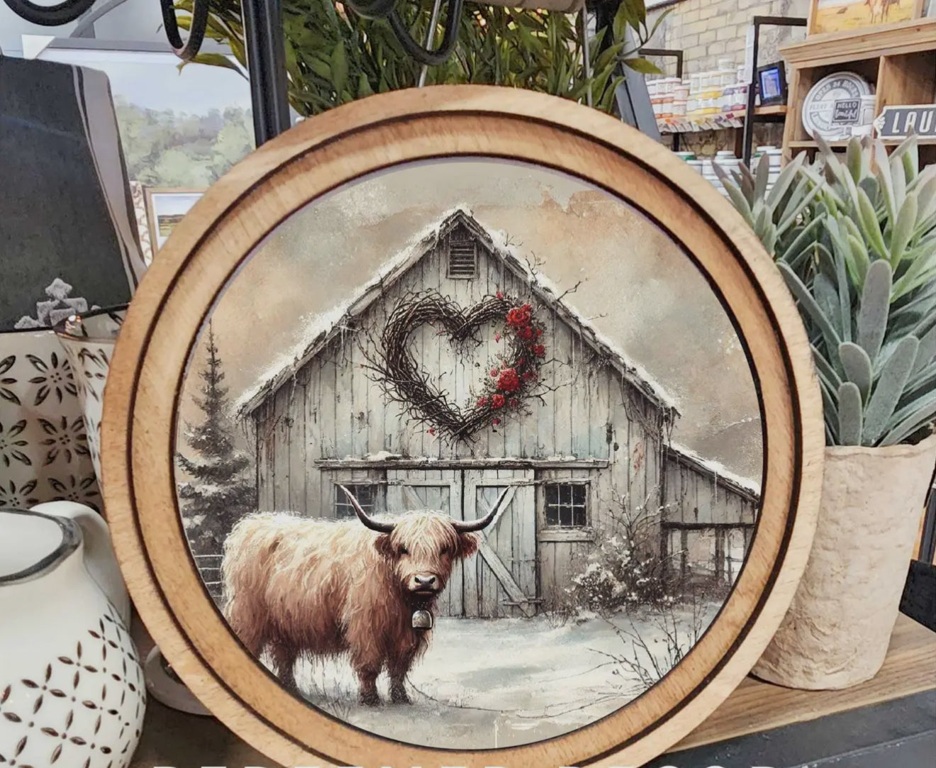 8" Round Highland Cow Barn Art