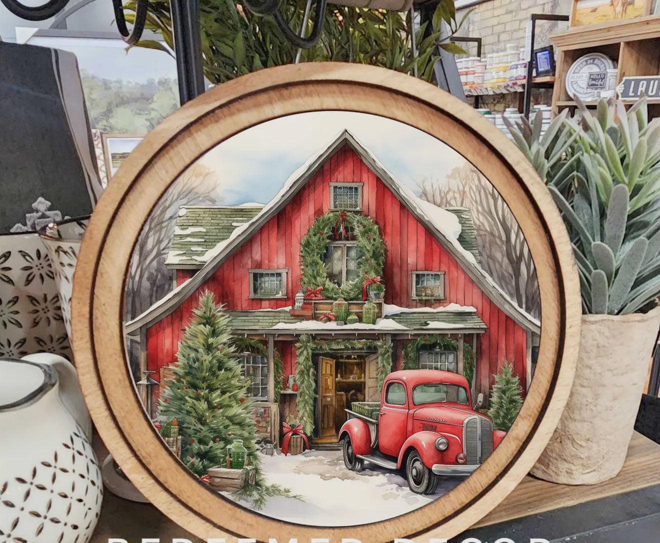 8" Round Red Christmas Barn Art