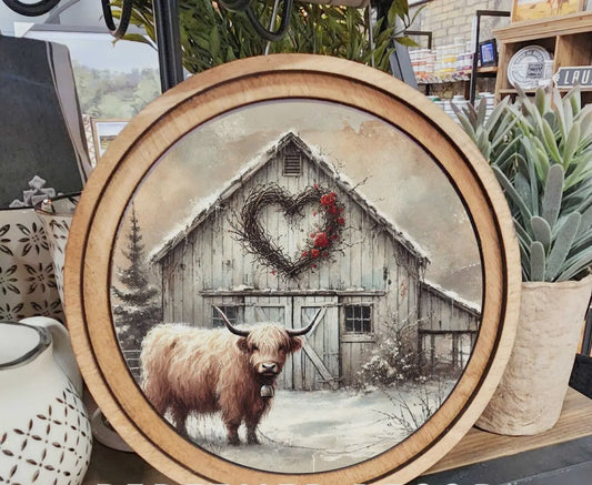 8" Round Highland Cow Barn Art
