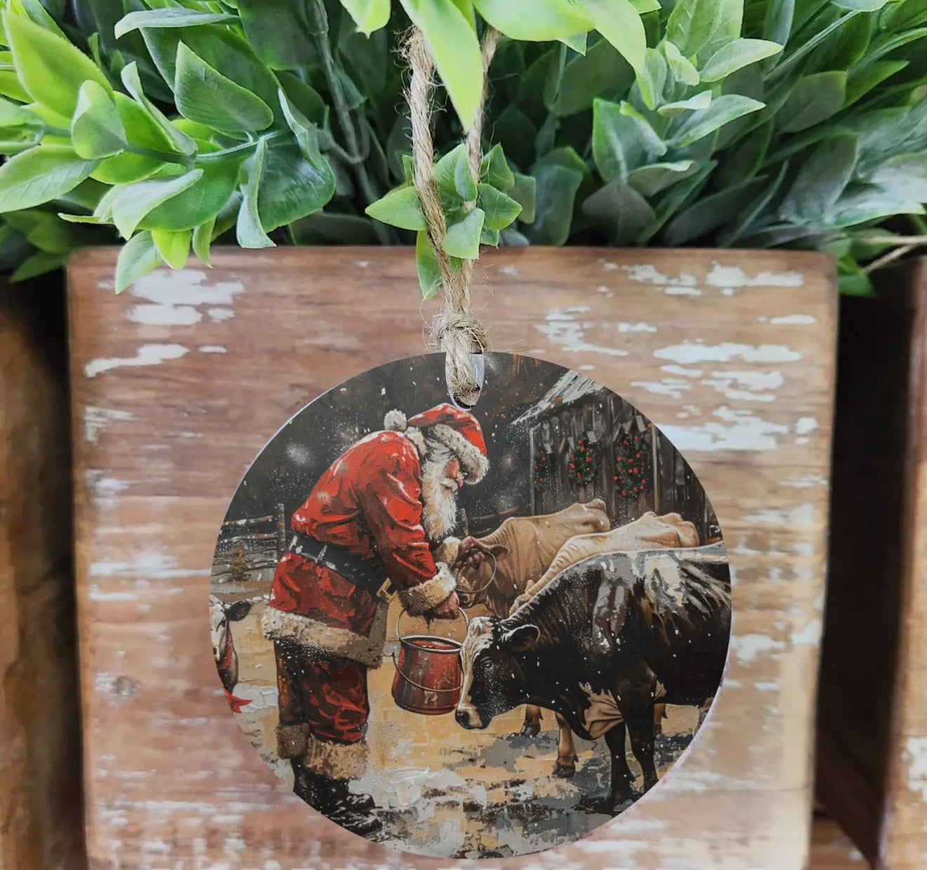 Santa with Cows Wood Ornament