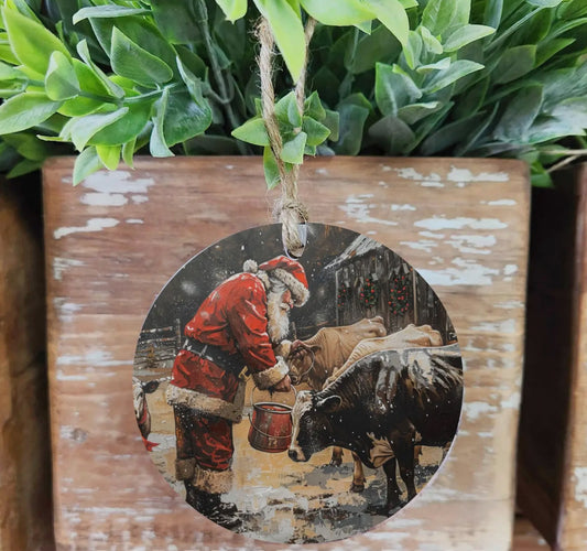 Santa with Cows Wood Ornament