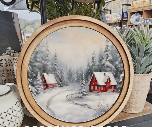 8" Round Snowy Red Cabins Art