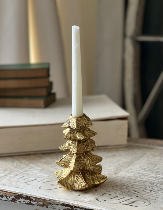 Gilded 6" Fir Tree Taper Candle Holder