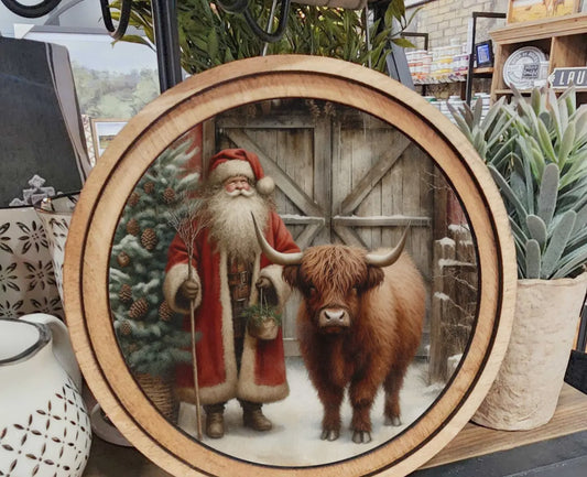 8" Round Santa with Highland Cow Art